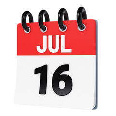 July 16 date displayed on stylized three-dimensional flip calendar icon isolated on transparent background. 3D rendering