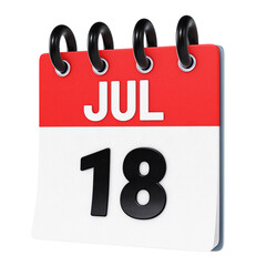 July 18 date displayed on stylized three-dimensional flip calendar icon isolated on transparent background. 3D rendering