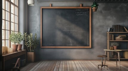 Empty sunny classroom with chalkboard back to school concept