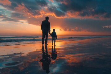 Silhouette of a father and a son holding hands and walking along the beach together during sunset
