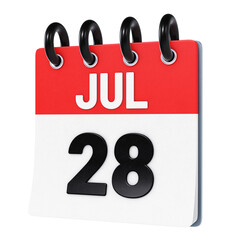 July 28 date displayed on stylized three-dimensional flip calendar icon isolated on transparent background. 3D rendering