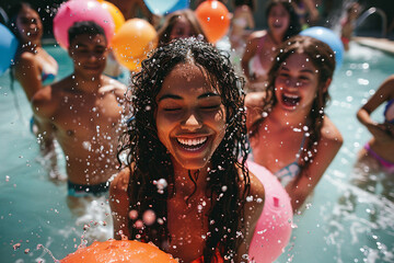 A joyous young black woman playing in the pool with her diverse friends, summer fun, pool party, water fun
