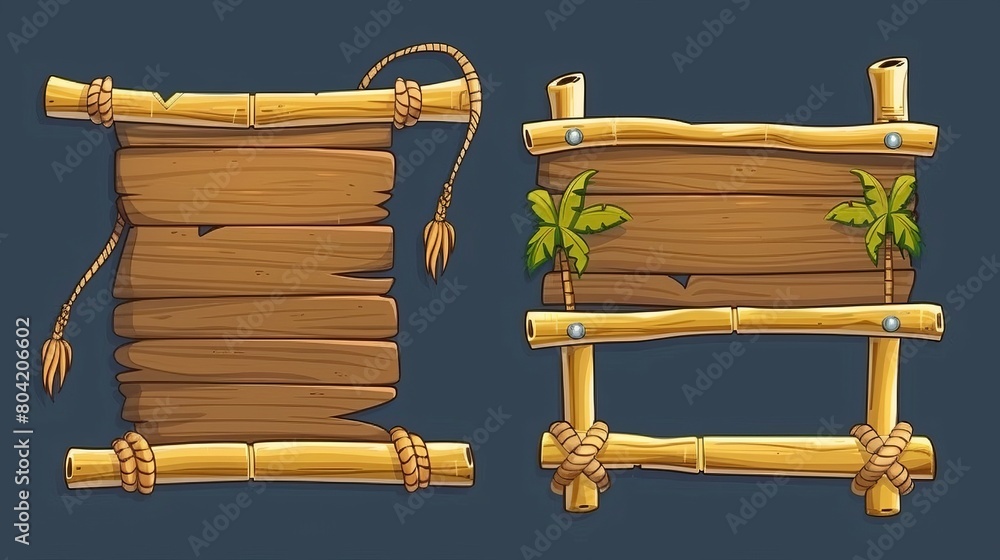 Poster isolated tropical illustration of wooden signboard with rope on stick and border. hawaiian empty men
