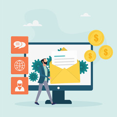 Marketing dashboard concept. A customer receiving an automated marketing message. Marketing automation system, automated advertising message. The guy is holding a letter. Vector illustration.
