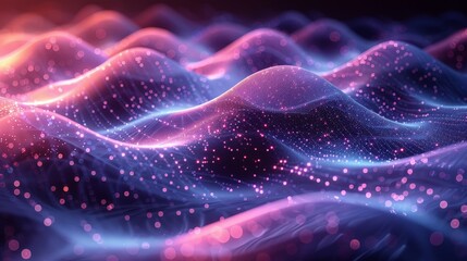 Pink and purple glowing particles form into a wave-like shape on a black background.