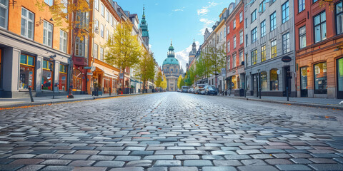 Obraz premium empty urban street in city, empty street with paving road and building background, street in the town, a street with buildings 