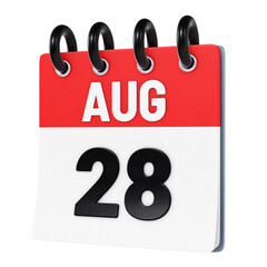 August 28 date displayed on stylized three-dimensional flip calendar icon isolated on transparent background. 3D rendering