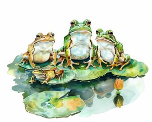 This watercolor painting features a group of friendly frogs sitting on lily pads, Clipart minimal watercolor isolated on white background