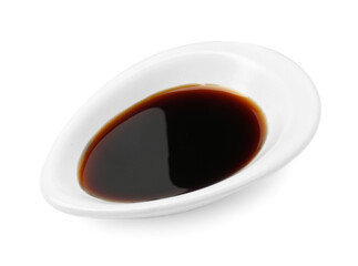 Tasty soy sauce in gravy boat isolated on white, above view