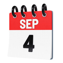 September 4 date displayed on stylized three-dimensional flip calendar icon isolated on transparent background. 3D rendering