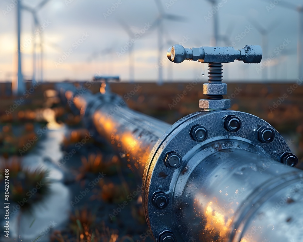 Poster close up view of hydrogen pipeline valve with wind turbines generating renewable energy in soft focu