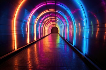 Tunnel with vibrant, changing LED lights.