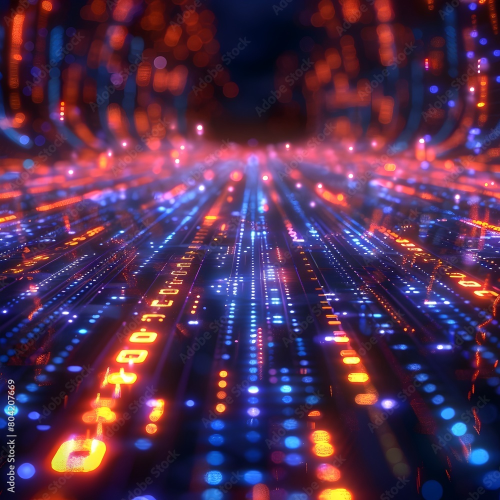 Poster vibrant neon circuits and binary codes visualize digital data transfer in a futuristic tech city