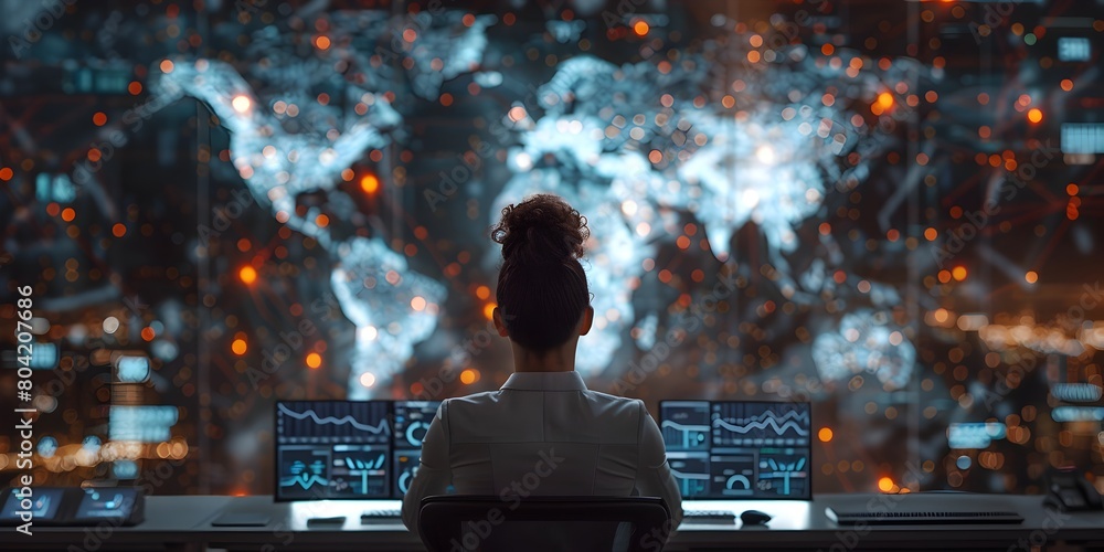 Poster experienced businessperson overseeing global digital from high tech workstation with interactive map