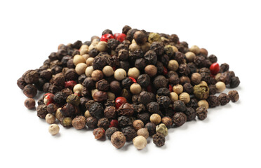 Aromatic spices. Pile of different peppers isolated on white