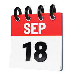 September 18 date displayed on stylized three-dimensional flip calendar icon isolated on transparent background. 3D rendering