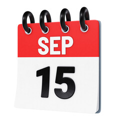 September 15 date displayed on stylized three-dimensional flip calendar icon isolated on transparent background. 3D rendering