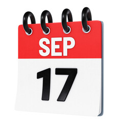 September 17 date displayed on stylized three-dimensional flip calendar icon isolated on transparent background. 3D rendering