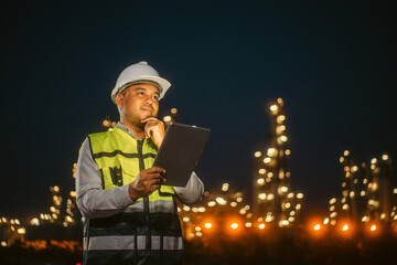 Asian engineer man with safety helmet standing front of oil refinery. Industry zone gas...