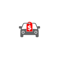Brand new car with dollar price tag icon isolated on white background
