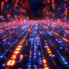 Obraz premium Vibrant Neon Circuits and Binary Codes Visualize Digital Data Transfer in a Futuristic Tech City