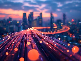 Luminous Fiber Optic Cables Weaving Across Futuristic City Skyline at Dusk