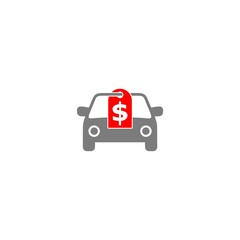 Brand new car with dollar price tag icon isolated on white background