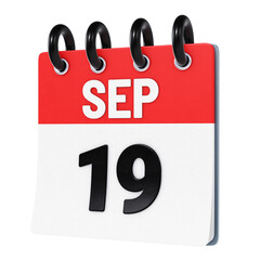 September 19 date displayed on stylized three-dimensional flip calendar icon isolated on transparent background. 3D rendering