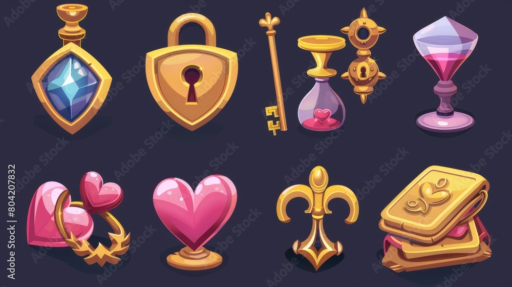 Poster a cartoon game interface icon with a lock and key. this set of gold elements contains a coin, heart,