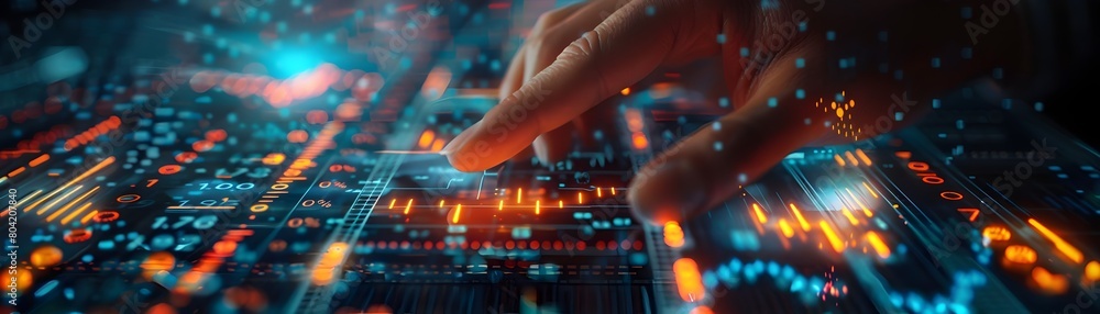 Poster hands pointing at critical points on glowing graphs demonstrating detailed investment analysis and f