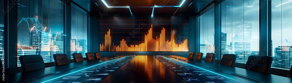 Poster high tech analytics and market data displayed on a large wall in a modern corporate office with glow