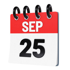 September 25 date displayed on stylized three-dimensional flip calendar icon isolated on transparent background. 3D rendering