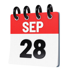 September 28 date displayed on stylized three-dimensional flip calendar icon isolated on transparent background. 3D rendering