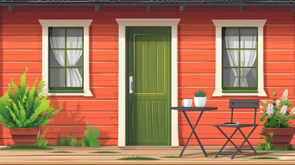 House facade illustration with table and chairs on porch. Modern illustration of wooden village cottage with coffee served on an empty patio for outdoor rest. Beautiful house exterior with green