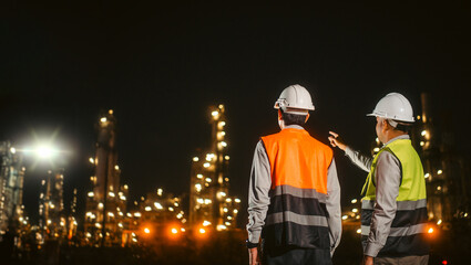 Two Asian engineer man with safety helmet standing front of oil refinery. Industry zone gas...