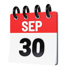 September 30 date displayed on stylized three-dimensional flip calendar icon isolated on transparent background. 3D rendering