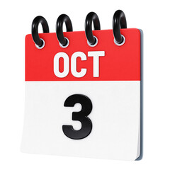 October 3 date displayed on stylized three-dimensional flip calendar icon isolated on transparent background. 3D rendering