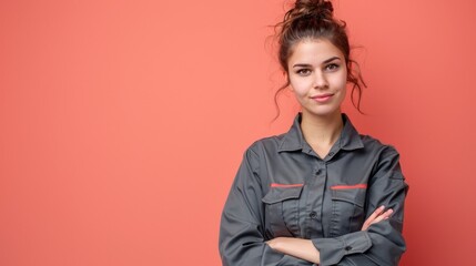 a canadian female wearing a gray work uniform isolated on orange background with copyspace - Powered by Adobe