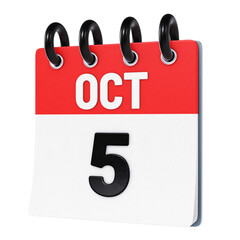 October 5 date displayed on stylized three-dimensional flip calendar icon isolated on transparent background. 3D rendering