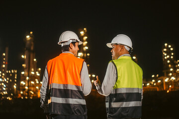 Two Asian engineer man with safety helmet standing front of oil refinery. Industry zone gas petrochemical. Factory oil storage tank and pipeline. Workers work in the refinery construction building