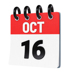 October 16 date displayed on stylized three-dimensional flip calendar icon isolated on transparent background. 3D rendering