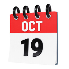 October 19 date displayed on stylized three-dimensional flip calendar icon isolated on transparent background. 3D rendering