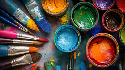 Open cans of paint and colorful painting brushes - symbol of art and creativity