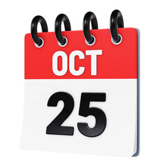 October 25 date displayed on stylized three-dimensional flip calendar icon isolated on transparent background. 3D rendering