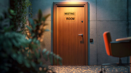 Door with a sign Meeting room in a business settting