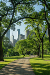 Obraz premium A metropolitan park with a city skyline in the background 
