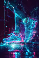 Hologram, shoes and sports for fitness, run and speed for health tracking outdoor. Future, sneakers and graphics for workout, exercise and balance for routine, training for marathon and wellness