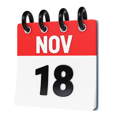 November 18 date displayed on stylized three-dimensional flip calendar icon isolated on transparent background. 3D rendering