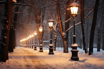 Snow-covered road with street lamps illuminating the way.
