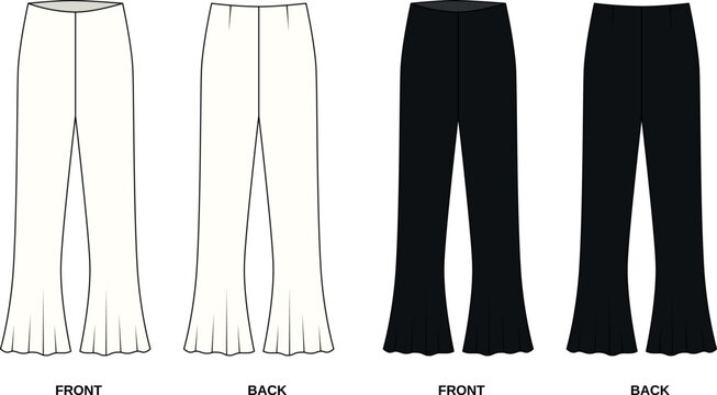 Vector pattern of flared pants front and back view.  Outline sketch of pants flared to the bottom. Template of women's summer pants, white and black colors.